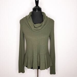 Anthropologie Maeve army green ribbed cowl neck knit top size Small
